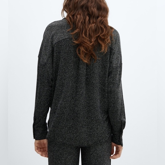 Mango Long Sleeve Collared Neckline Silver Glitter Button Down Shirt Size S NWT - Picture 2 of 16